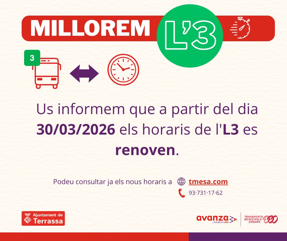 tmesa_bus's tweet photo. Avui comencen els nous horaris de la L3 del #Bus. Es milloren freqüències, i els horaris d'anada al centre al matí i tornada a la tarda.
#BusTerrassa #MobilitatSostenible https://t.co/TivsGINfA8