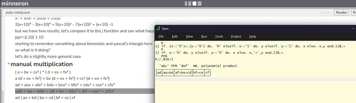 This is a fun #jlang technique: replace + and * with verbs P and M that "add" and "multiply" strings.

Polynomials are just vectors of coefficients in J, so:

'abc' represents the polynomial a + bx + cx² , and:

'abc' PPR 'def'

... "multiplies" that polynomial by d + ex + fx².