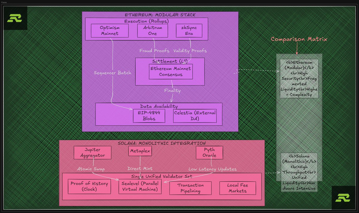 kairoo__'s tweet photo. Ayoo GM & Graiku Chads 💚. @raikucom 

okay so I went down to some work recently this is going to be my honest take here , if I got something wrong please 
Ping me in the comments section.

started with one simple question 🙋 

why doesn't Solana just build L2s like Ethereum?

ended up finding something that genuinely changed how I see this space.

let me walk you through it ↓

────────────

first why did Ethereum even build L2s?

Ethereum mainnet handles ~14–15 TPS.
when demand spikes, fees explode and regular users get priced out.

so the solution was L2s basically extra roads on top of the main highway.

Arbitrum, Optimism, Base, zkSync… they process transactions faster and cheaper, then settle back to Ethereum.

Arbitrum alone does ~2,000 TPS, and fees dropped a lot after EIP-4844.

on paper it worked, but here's the part people don't talk about:

your wallet on Arbitrum ≠ your wallet on Base ≠ your wallet on Optimism.

{ want to move funds?

you need a bridge.
bridges = time, fees, and risk.

so instead of one ecosystem, you now have dozens that don't naturally connect.

Ethereum scaled…but also fragmented itself into dozens of separate environments.

─────────────

this is where Solana's approach started making sense to me.

instead of building more layers, it doubled down on one chain.

→ one chain 
→ one address
→ one account 

no bridges , no fragmentation, everything in the same place.

this is called a monolithic architecture execution, consensus, and data all on one layer.

{ and the numbers in 2025 back it up:

→ 33B non-vote transactions
→ 3.2M daily active wallets
→ 725M new wallets
→ ~$0.0011 median fee

more raw activity than any other chain without a single L2.

More clarity in next thread 👇🏻👀.