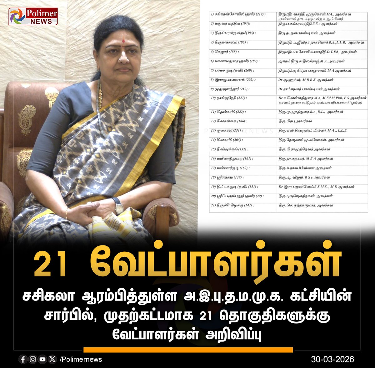 polimernews's tweet image. #NEWSUPDATE || சசிகலா கட்சியில் முதற்கட்டமாக 21 வேட்பாளர்கள் அறிவிப்பு.! | #Sasikala | #AIPTMMK | #Election2026 | #PolimerNews