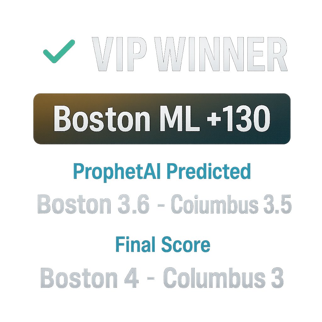 LineProphetLLC's tweet photo. VIP Winner β
Boston ML +130 π
Final: Boston 4, Columbus 3
ProphetAI: Boston 3.6, Columbus 3.5
β‘ VIP: https://t.co/FjuGyQnY3b
#LineProphet #VIPWinner https://t.co/bqBhtUfxXc