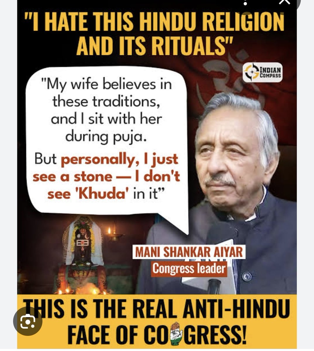 Freedom of speech doesn’t mean freedom to insult faith!

Mani Shankar Aiyar’s statement crosses the line 🚫
Hurting religious sentiments is NOT acceptable.

👉 Issue a public apology!

#Congress_Insults_Hindus
Shame On ManiShankar Aiyar