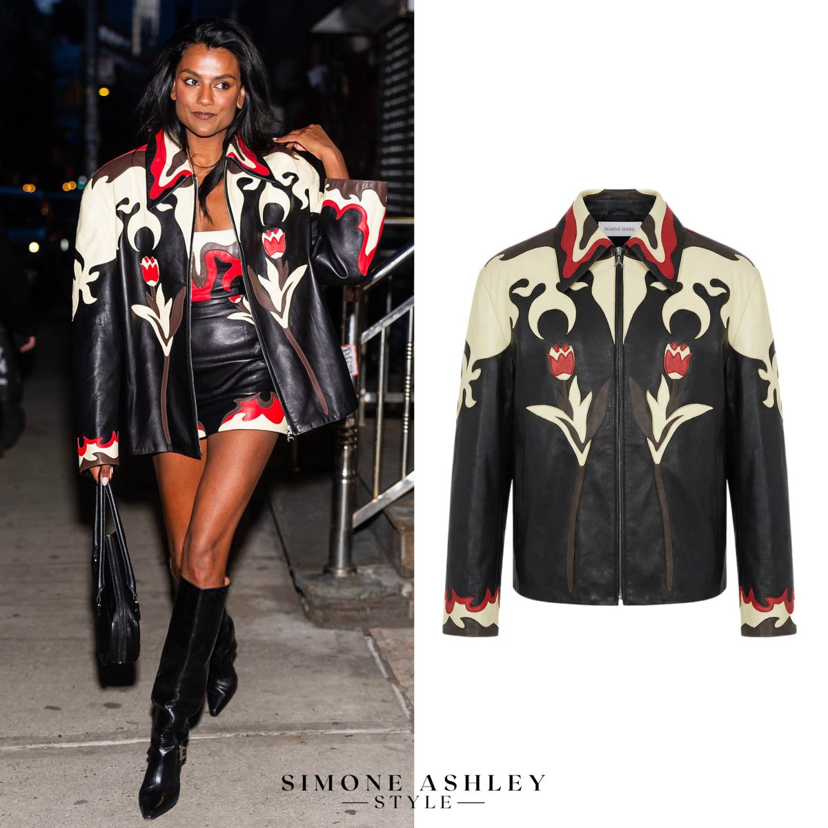 SimoneAshleySty's tweet photo. Simone Ashley wears a #MarineSerre Leather Blouson ($7,300) and Leather Bustier Dress ($3,880) with #ParisTexas Jane Boots ($1,330) while out and about in NYC https://t.co/aA6V3qRNr3