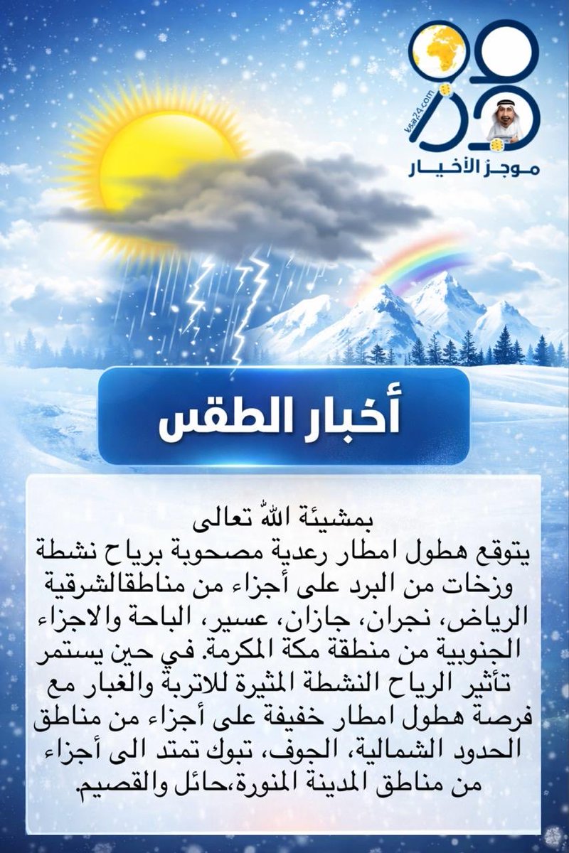 المركز الوطني للأرصاد ينشر نشرة الطقس لليوم عبر تويتر ويحدد مناطق الانتباه