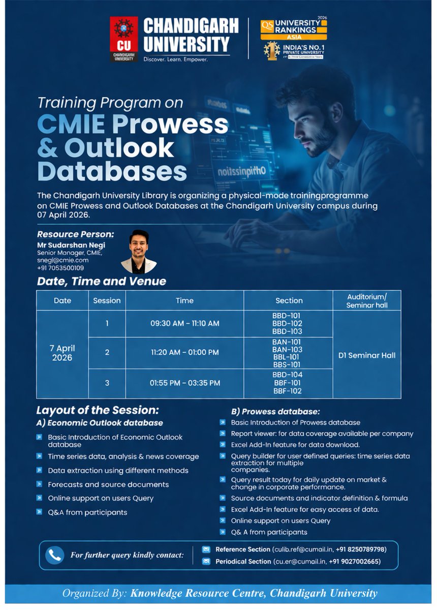 KnowledgeResou5's tweet photo. Chandigarh University Library announces a Training Programme on CMIE Prowess &amp; Outlook Databases on 07 April 2026 at D1 Seminar Hall.

Learn data analysis, extraction, Excel add-ins, and more from Mr. Sudarshan Negi (CMIE).

Join us!

#CMIE #LibraryTraining #ResearchTools #CU https://t.co/oo0Bjxcqdl