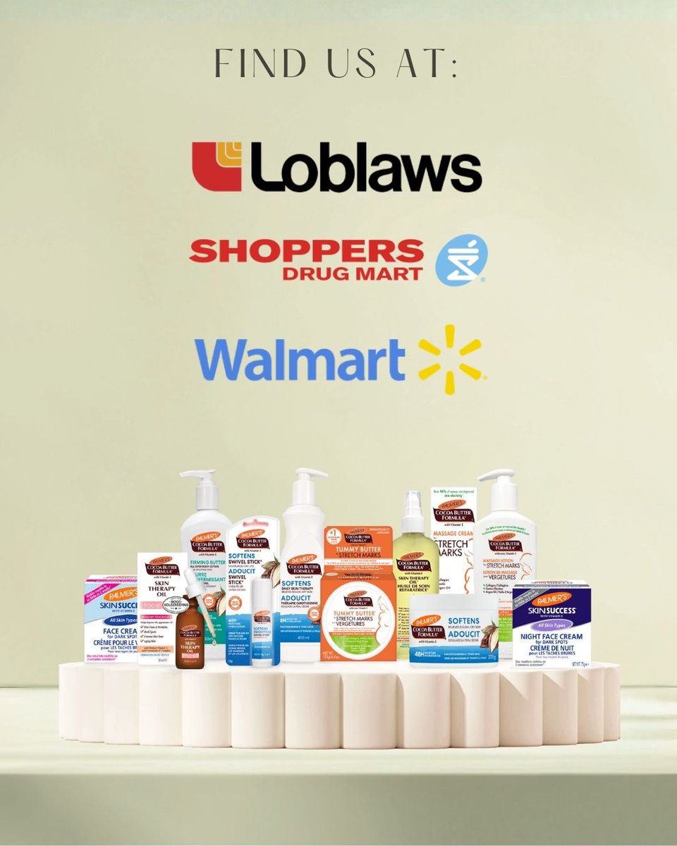 If you're looking for Palmer's products in stores across Canada, be sure to check out Loblaws, Shoppers Drug Mart, and Walmart! 🏬