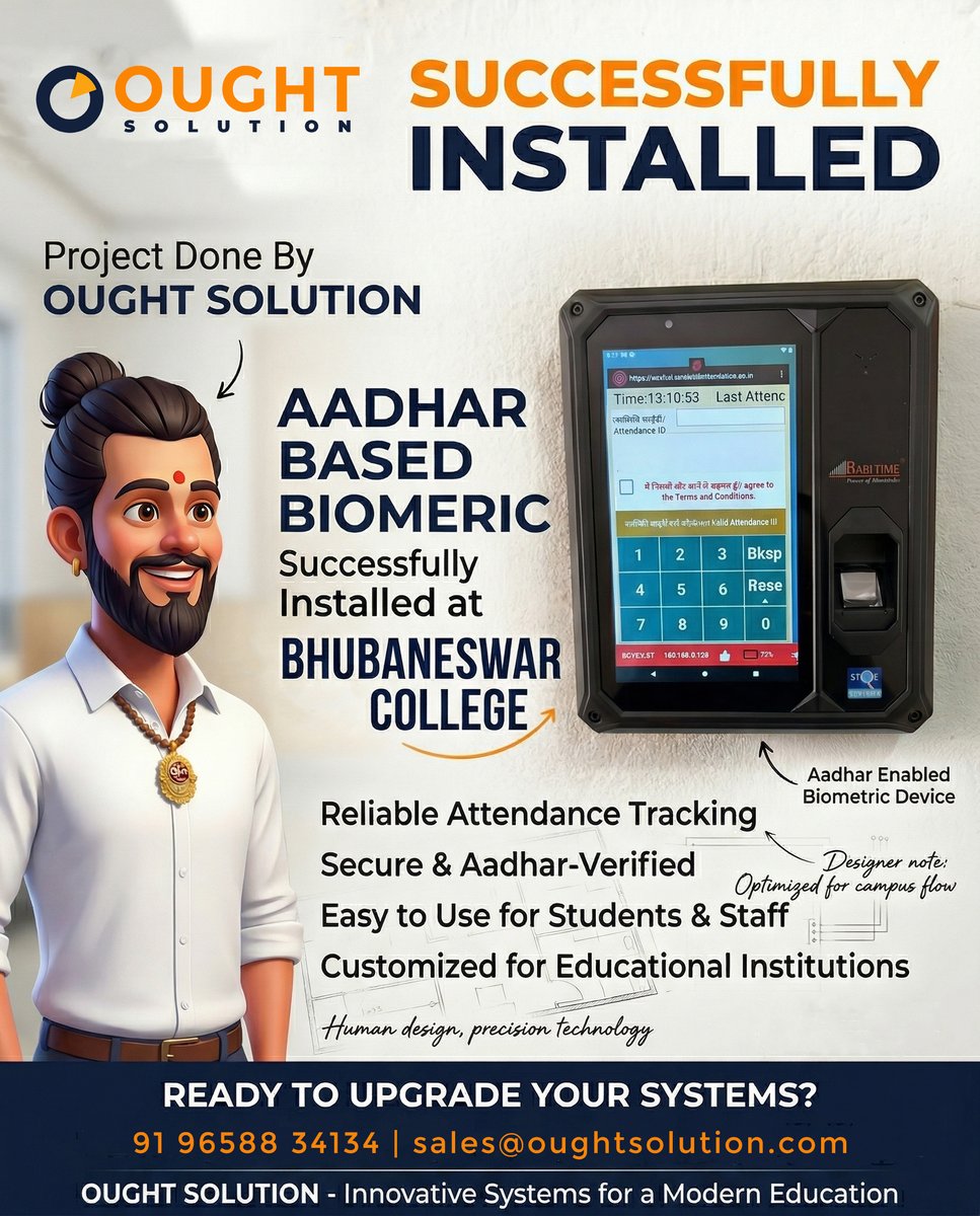 OughtSolution's tweet photo. 🚀 Another successful project in the books! Team @OughtSolution just installed a state-of-the-art #Aadhaar Enabled #Biometric System (AEBAS) right here in #Bhubaneswar. 🏢🔒
Ensuring 100% secure, proxy-free attendance for modern workplaces. Upgrade your office security today! https://t.co/gmySbyVBR7
