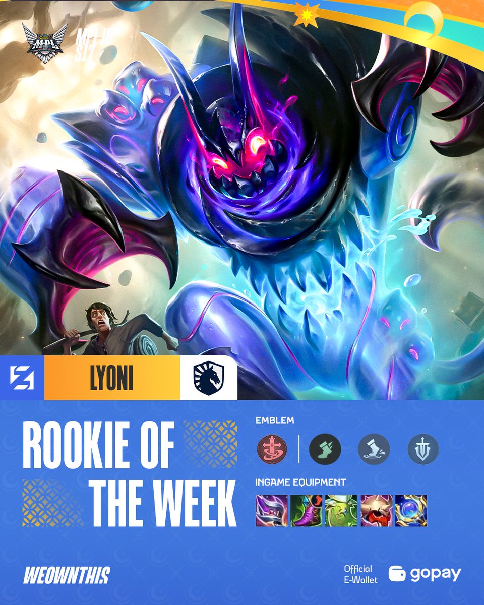 mplidofficial's tweet photo. Rookie of The Week – Minggu 1: Lyoni
Debutnya sebagai Roamer baru Team Liquid ID di MPL ID S17 membuktikan bahwa Lyoni, sebagai pendatang baru tak bisa dianggap remeh dan siap bersaing dengan para senior.
Siapa selanjutnya?
#ROTW #Gopay #MPLIDS17 #WeOwnThis #NiceGame https://t.co/TK9Usqexao