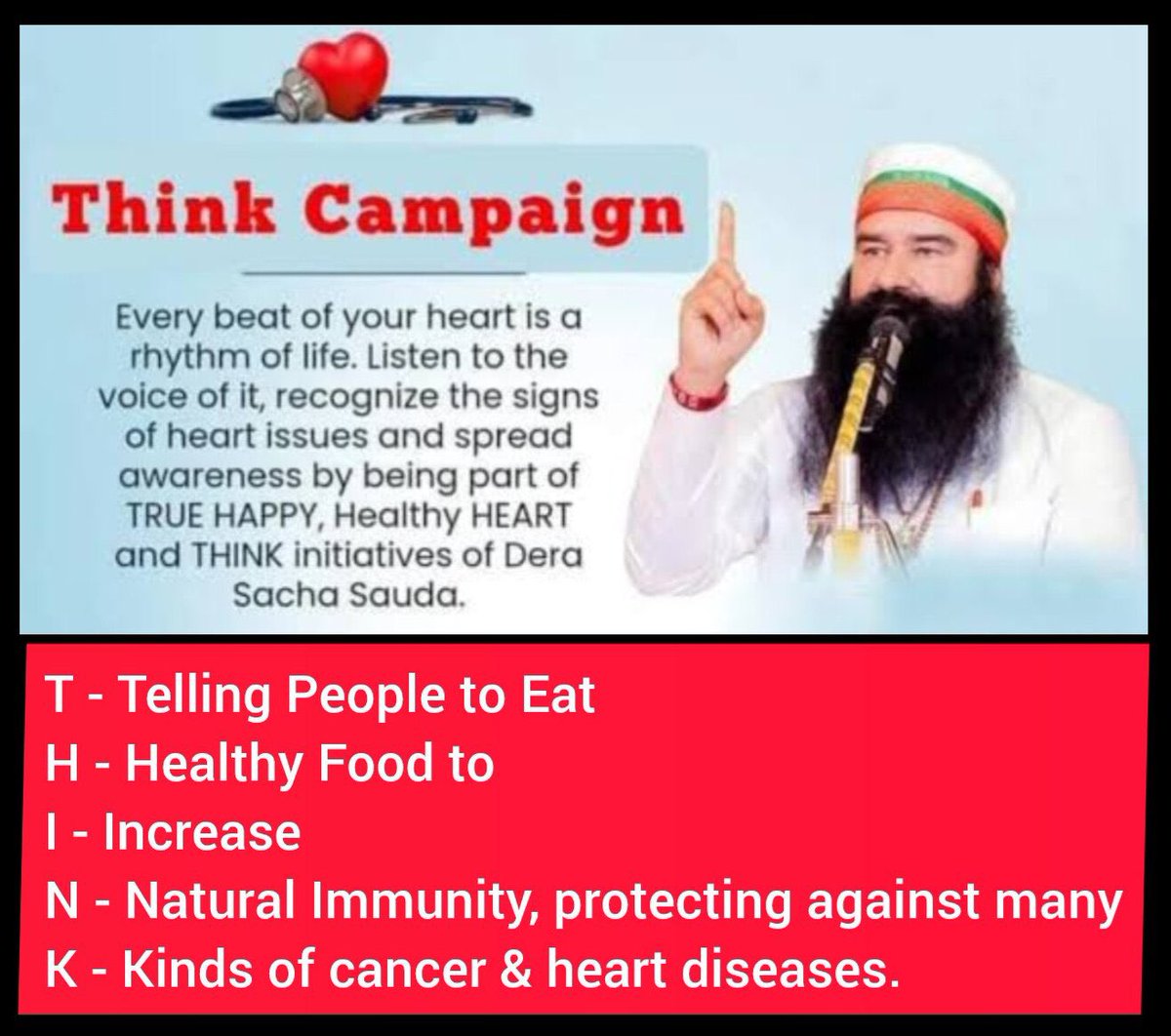 karan786in's tweet image. स्वास्थ्य पर ध्यान देना अत्यंत जरूरी है 
Saint Gurmeet Ram Rahim Ji  ने 
 हृदय रोग कैंसर रोगों की रोकथाम के लिए THINK नामक पहल शुरु की।जिसके तहत साध-संगत लोगों को स्वस्थ भोजन के बारे में बताएगी,ताकि नेचुरल इम्युनिटी बढ़े तथा कैंसर व दिल के रोग को घटाया जा सकें।
#ThinkForHealth
