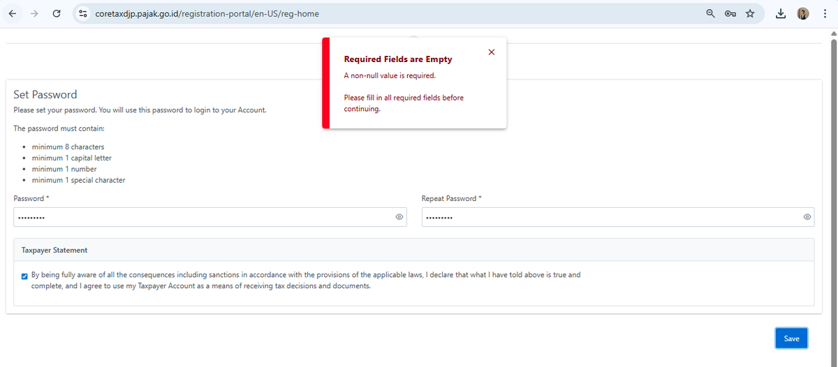 imanuelfebry's tweet photo. @kring_pajak saya mengalami kendala ketika impersonate badan. Selalu diarahkan ke page reset password ini, tetapi setelah diisi selalu muncul error "Required Field are Empty" padahal tidak ada kolom yang bisa diisi lagi. Saya mencoba hubungi kpp kebonjerukdua tidak ada solusi https://t.co/EeeoywqRmy