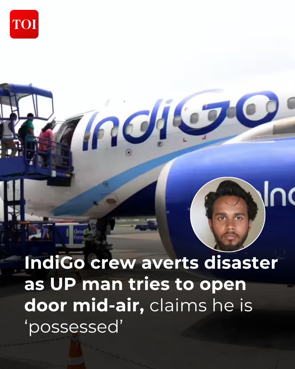 timesofindia's tweet image. Swift action by the #Bengaluru-#Varanasi #IndiGo flight crew averted a major tragedy by stopping a 30-year-old passenger, who claimed to be "possessed", from opening the emergency exit door after takeoff and before landing. 

More details 🔗 toi.in/RT0kjb13

#UttarPradesh