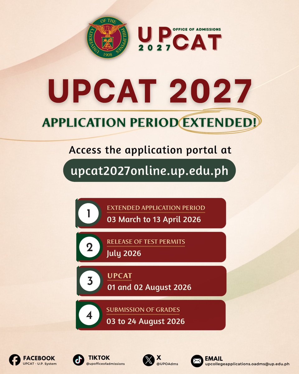 UPOAdms's tweet photo. UPCAT 2027 APPLICATIONS ARE EXTENDED UNTIL 13 APRIL 2026!

Current Grade 11 students or incoming new first-year students for AY 2027-2028 must fill out and submit their application or Form 1 by the extended deadline.
Access the online application portal at https://t.co/wLiox0vXR2 https://t.co/3HyQUE1GRQ