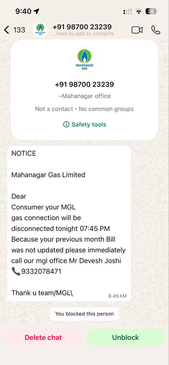 JayanUnni's tweet photo. Fraud message impersonating MGL officials. Please look into this. @ThaneCityPolice @mahanagargas https://t.co/Rs4Mh5FDES