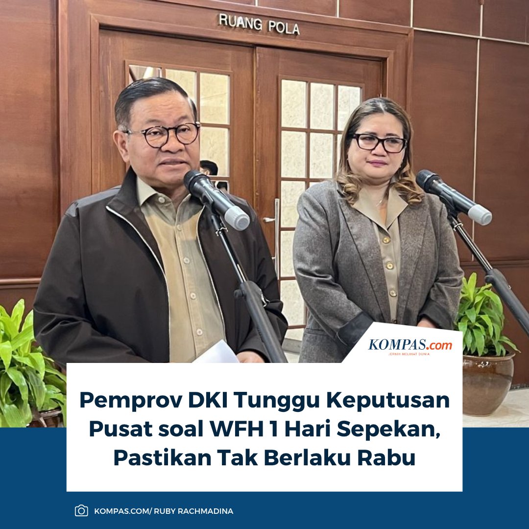 kompascom's tweet image. "Pemprov DKI akan mengikuti aturan pemerintah pusat. Terkait harinya, saya akan memutuskan selain hari Rabu karena waktu tersebut tetap diprioritaskan untuk transportasi umum," kata Pramono.

Baca di sini: megapolitan.kompas.com/read/2026/03/3…

~TR #Pramono #WFH