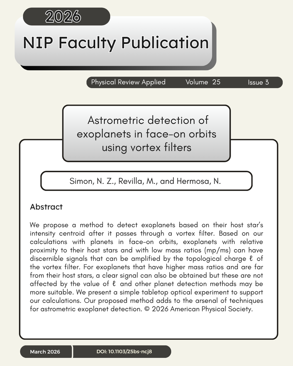 niplibraryupd's tweet photo. NIP Faculty Publication 2026
Simon, N. Z., Revilla, M., &amp; Hermosa, N. (March 2026). Astrometric detection of exoplanets in face-on orbits using vortex filters. Physical Review Applied, 25(3). https://t.co/oT27oFCMwS https://t.co/kxUNaimW8P