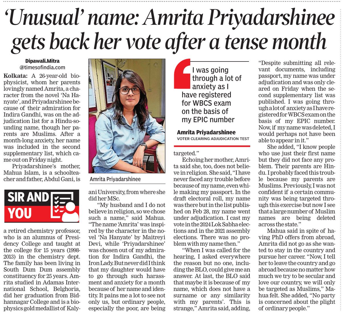 DipawaliM's tweet photo. Shakespeare said ‘What’s in a name?’ 

But in reality, Amrita Priyadarshinee was put under adjudication by Election Commission for her Hindu-sounding “unusual” name, though her parents are Muslims. https://t.co/Ns7P1QLlzT