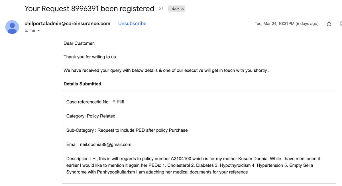 iN3IL's tweet photo. @CareHealthIndia I have a put in a PED request 6 days ago and I have not received any call or email. Request number is 8996391. https://t.co/XS6uZHQcWg
