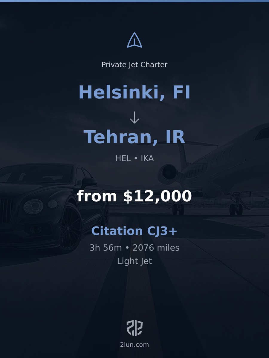 2lunjet's tweet image. 🇫🇮 Helsinki → Tehran 🇮🇷
Private Jet Charter

3h 56m | 2076 miles | From $12,000

Book your flight:
2lun.com/route/efhk/oiie

#JetCharter #LuxuryLifestyle #EmptyLeg