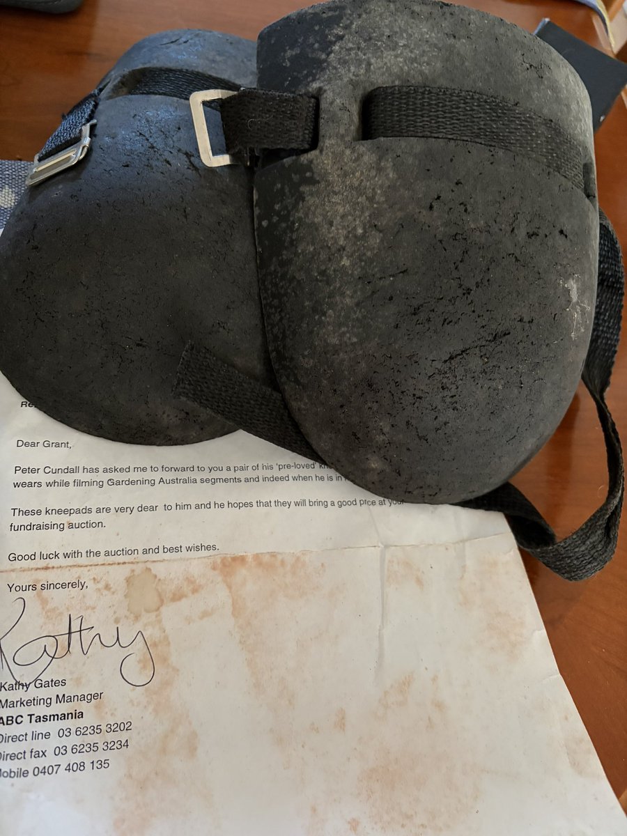 DirectNursery's tweet photo. @CostasGarden @ABCGardenExpo 
A pair of the lived in and worn gardening knee pads #PeterCundall that I purchased at Auction in 2002 Toowoomba to support a children’s charity Woolworths ran. 
I’m looking for a good home for these if you have a suggestion?
Regards 
Anthony https://t.co/HTVQNtM1jd