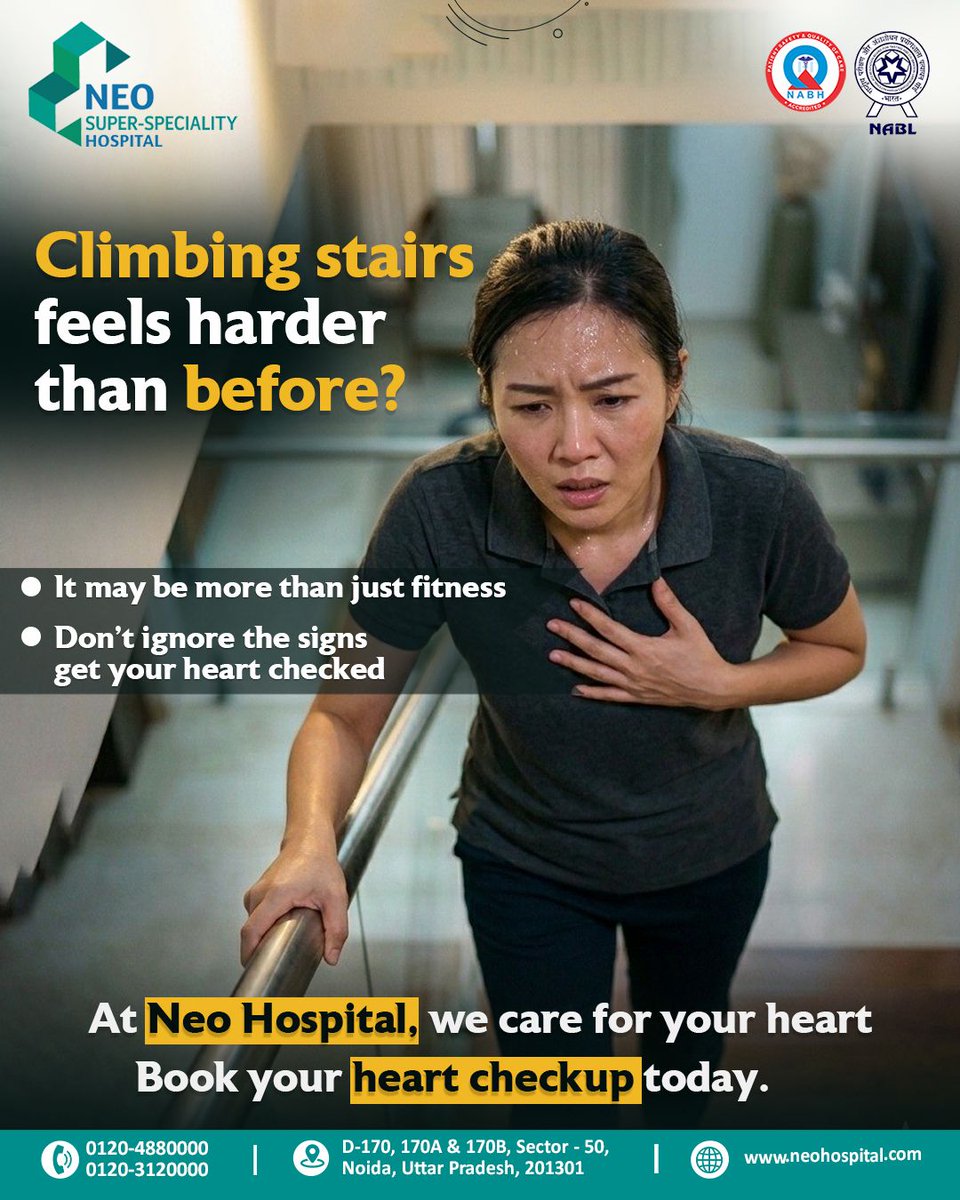 neo_hospital's tweet image. Climbing stairs should not leave you breathless every time. It may be more than just 

tiredness or low fitness. Listen to your body and get your heart checked on time. ❤️🏥🩺🚶‍♀️💓⚠️

#HeartHealth #NeoHospital #HeartCheckup #HealthyHeart #CardiacCare