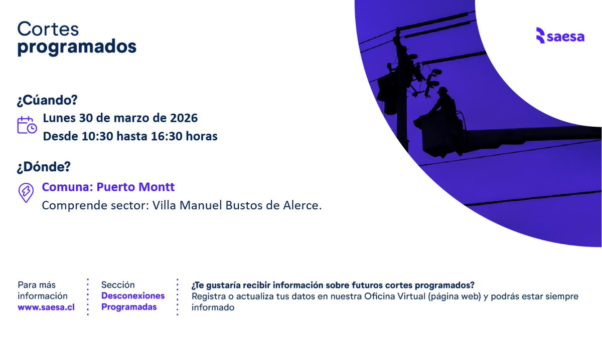 saesa's tweet image. ¡Vecinos de #PuertoMontt! No se olviden: Hoy lunes 30 de marzo de 2026 trabajaremos para darte el mejor servicio. Por lo tanto, se realizará un #CorteProgramado en sector Villa Manuel Bustos de Alerce. Gracias por tu comprensión.