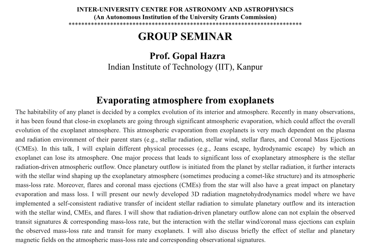 I'll be talking about the atmospheric evaporation from exoplanets today at IUCAA. If some of you are around IUCAA Pune, please feel free to drop by :) 

Venue: Bhaskara-3, IUCAA
Time: Monday, March 30, 2026, 03:00 p.m. (IST)
<a href="/IUCAAScipop/">IUCAA Scipop</a> <a href="/IUCAApune/">IUCAA</a>