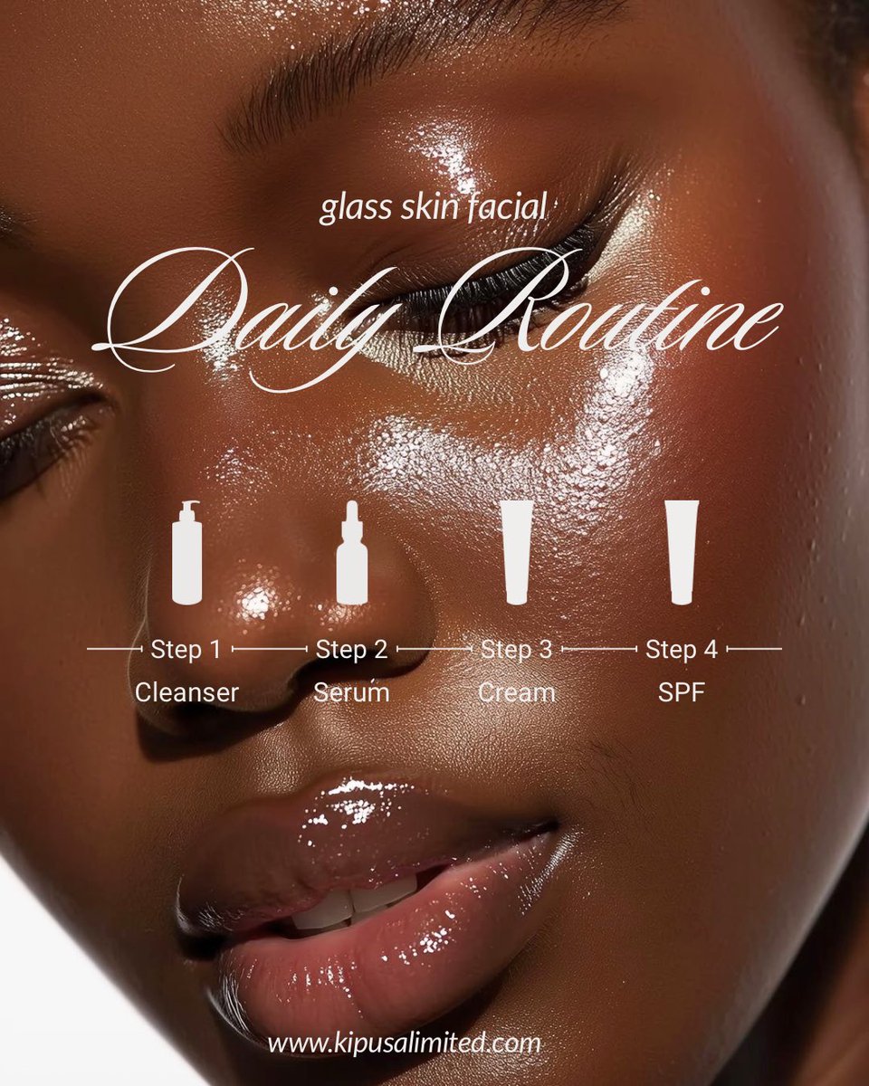 The "Glass Skin" goal isn't a secret it’s a strategy. 
4 steps to your best skin: 
1️⃣ Cleanse 
2️⃣ Serum 
3️⃣ Cream 
4️⃣ SPF (The golden rule 
Keep it simple. Keep it consistent.
Shop our essentials: kipusalimited.com 
#KipusaBeauty #SkincareTips #Nairobi #GlowUp