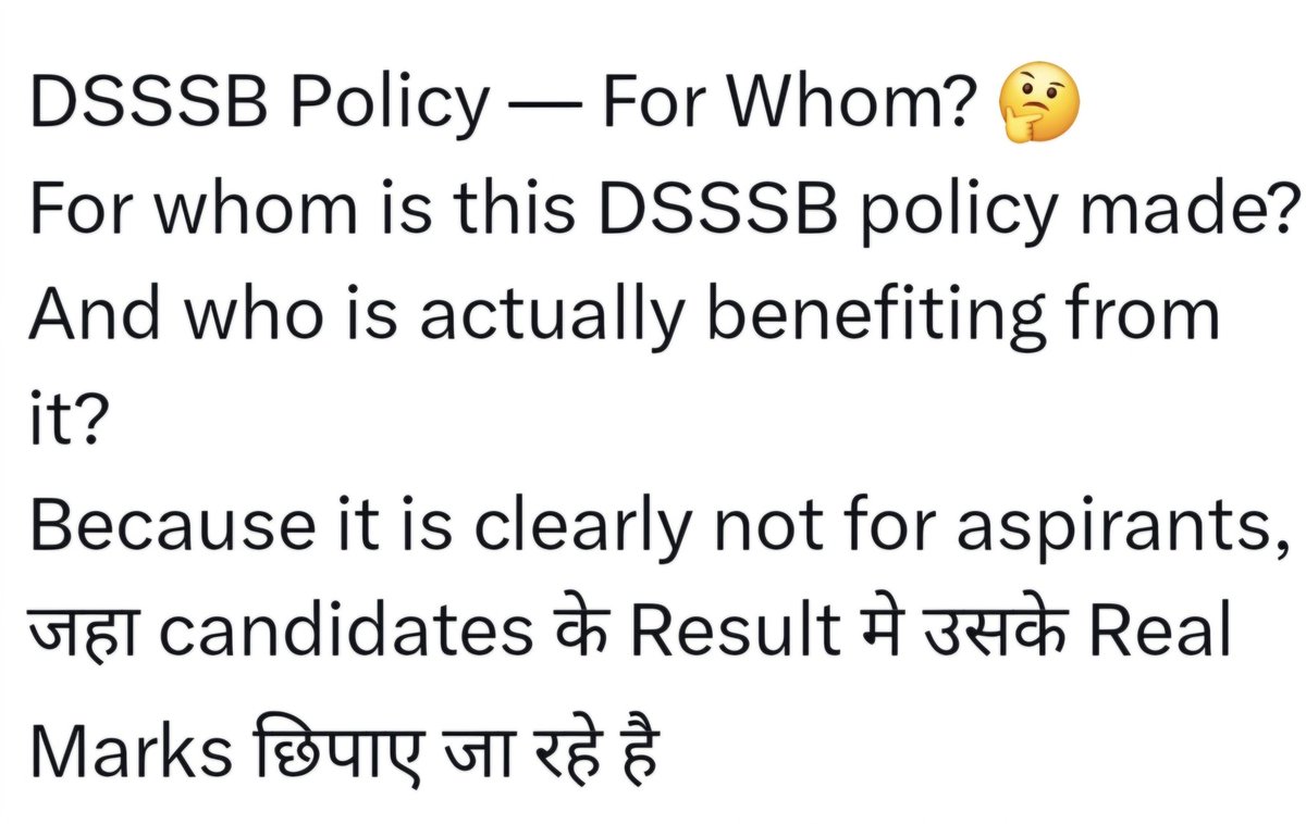 #DSSSB_Transparency
#DSSSB_Result_with_RawMarks
#DSSSB_Result_Delay
<a href="/LokNiwasDelhi/">Lok Niwas Delhi 🇮🇳</a> <a href="/dsssbofficial/">Delhi Subordinate Services Selection Board</a> <a href="/DoPTGoI/">DoPT</a> <a href="/PMOIndia/">PMO India</a> <a href="/LtGovDelhi/">LG Delhi</a> <a href="/SandhuTaranjitS/">Taranjit Singh Sandhu</a> <a href="/sharadsharma1/">Sharad Sharma</a>