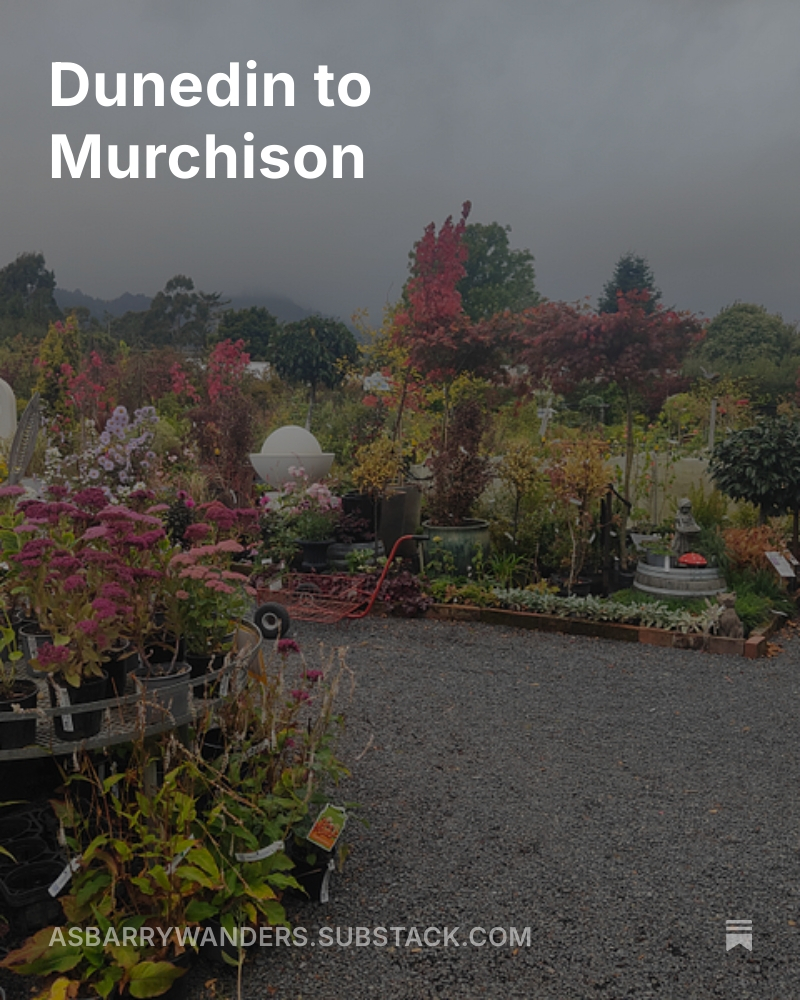 Another road trip: this post covers the drive from Dunedin to Murchison, with stops in Blueskin Bay, Oamaru, Christchurch (where I pick up some of the best hot cross buns in the land) and Hanmer Springs.

asbarrywanders.substack.com/p/dunedin-to-m…