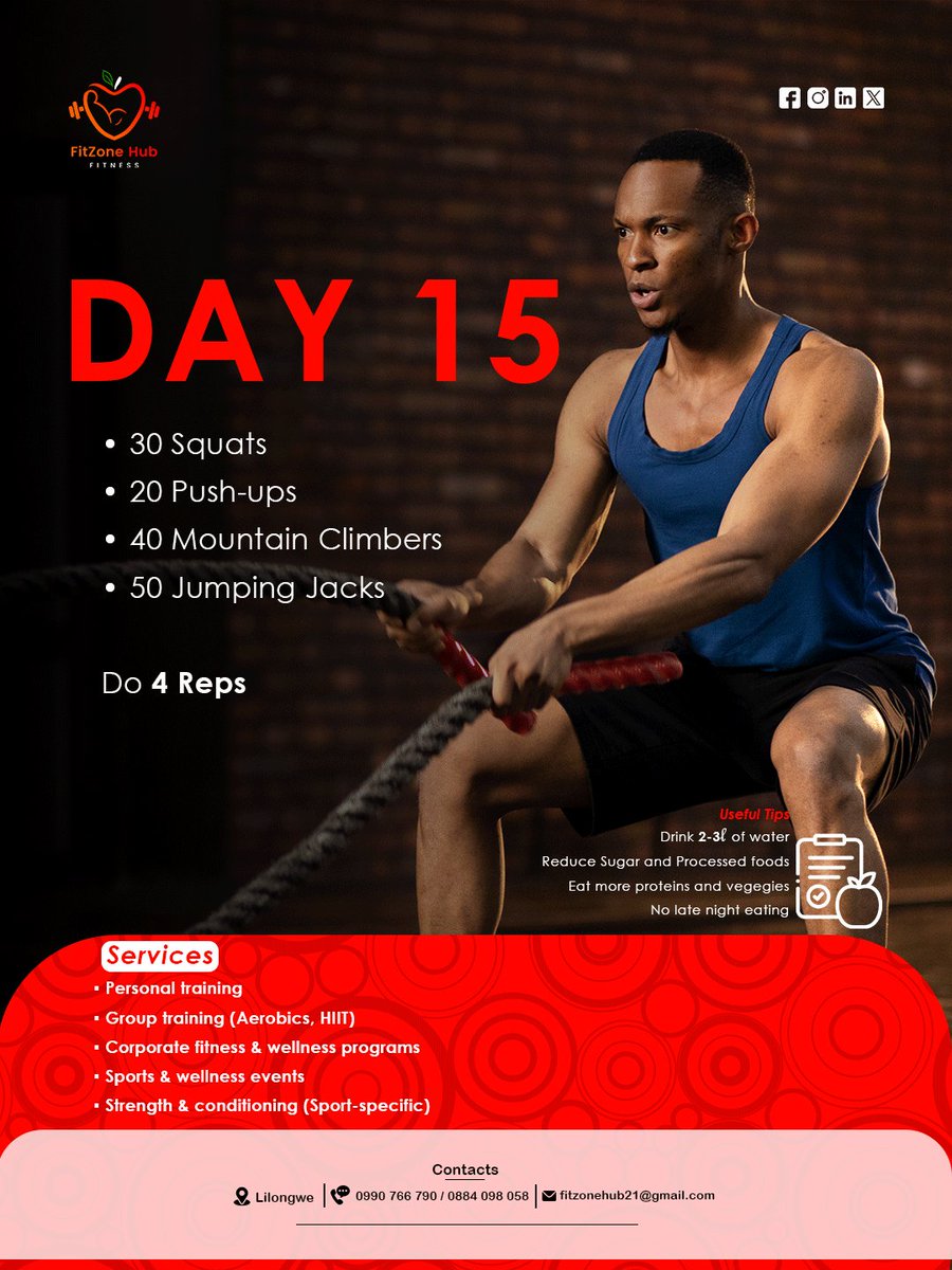 FitZoneHubMw's tweet photo. Day 15 of 21.

We are pushing through

#21DayFitnessChallenge #WeightLoss #FitnessChallenge #DailyWorkout #HomeWorkout #DailyHabits #healthyHabits https://t.co/GqpGd6AvJV