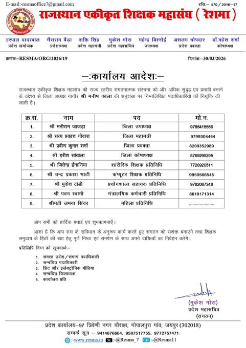 राजस्थान एकीकृत शिक्षक महासंघ के निर्धारित उद्देश्यों एवं लक्ष्यों की पूर्ति हेतु शिक्षक महासंघ (<a href="/RESMA_7/">राजस्थान एकीकृत शिक्षक महासंघ</a>) के जिला “नागौर” कार्यकारिणी की घोषणा की जाती है !!
नवनियुक्त जिला कार्यकारिणी को हार्दिक बधाई 💐
<a href="/JATbera1/">Bhera ram</a>  
<a href="/Dadarwal7/">Harpal Dadarwal</a> 
<a href="/SKT_Choudhary/">Shakti Choudhary</a>
<a href="/AslamChopdar11/">Aslam Chopdar</a>
<a href="/MukeshGora17/">Mukesh Gora🇮🇳</a>