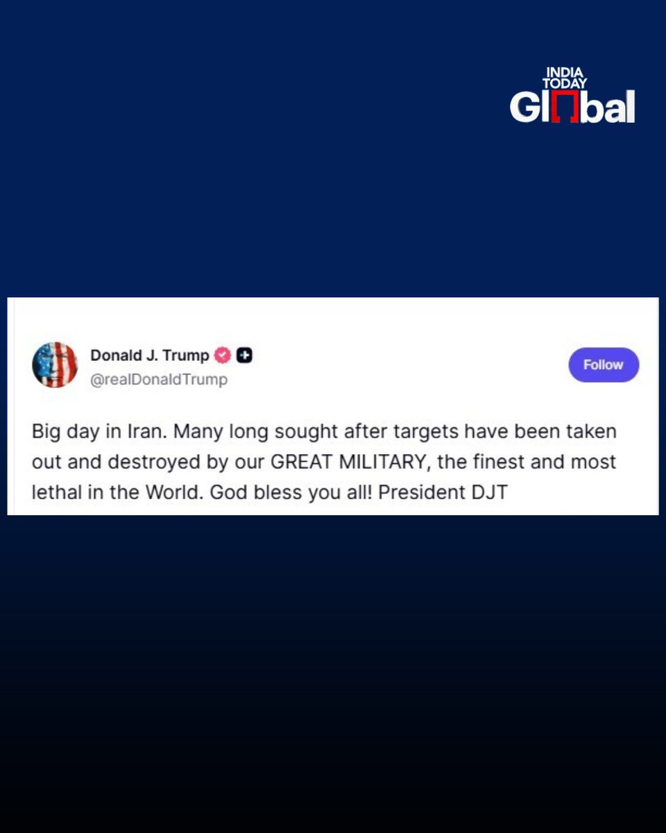 ITGGlobal's tweet image. US President Donald Trump said it was a “big day” in Iran, claiming that several key targets were taken out by US forces.
He praised the US military as “the finest and most lethal in the world” in his Truth Social post.

#DonaldTrump #USIranWar #USMilitary #Iran #IndiaTodayGlobal