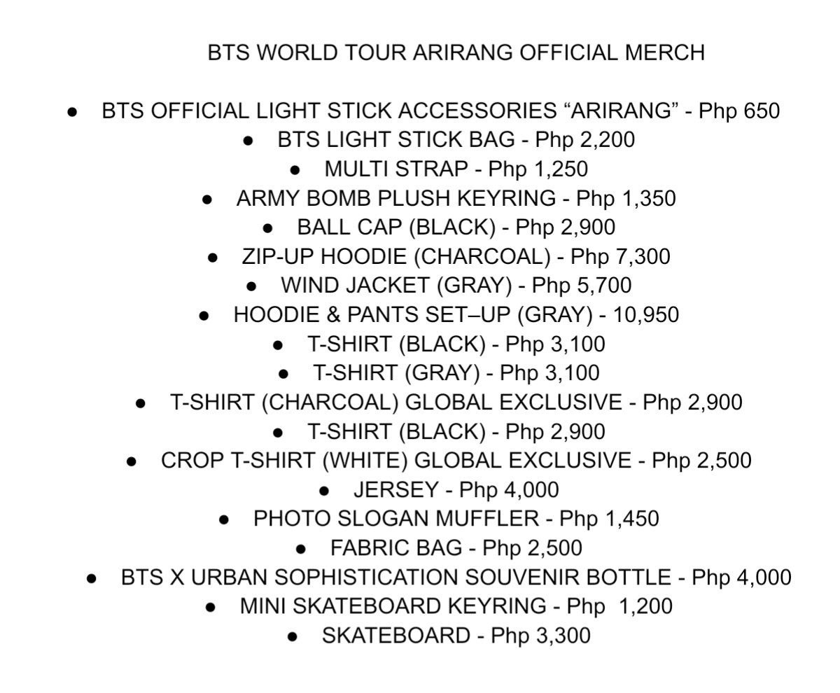 WTS LFB PH/ PRE-ORDER
BTS WORLD TOUR "ARIRANG" OFFICIAL MERCH 

📍DOO : UNTIL OOS
📍DOP : 50% DP TO SECURE, REMAINING BALANCE AFTER 1 MONTH 
📍ETA : NETA 

💌 Message me to Order 

#ErigeneShop_PhGo