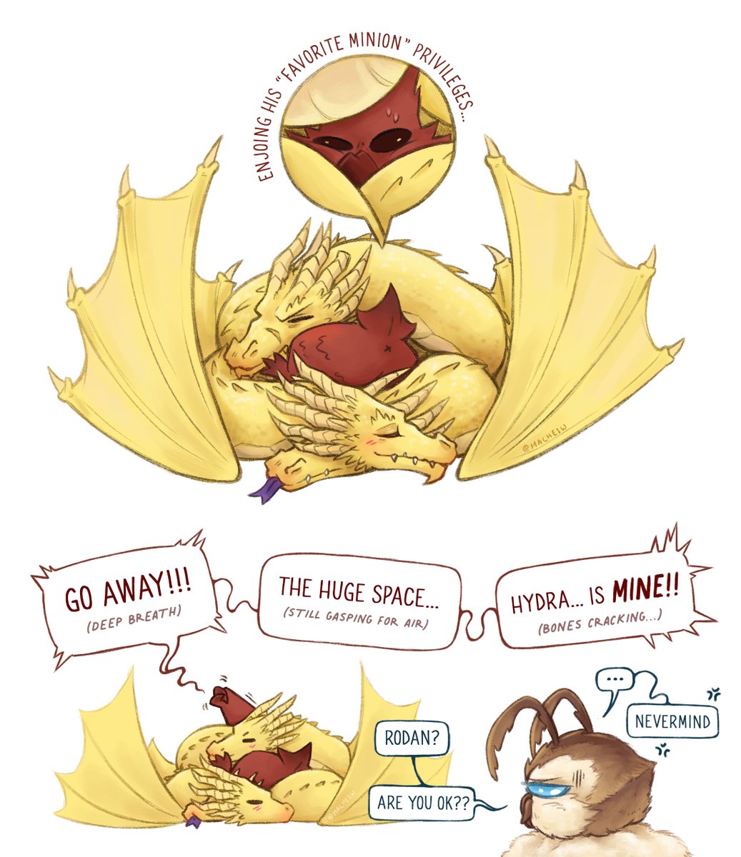 Nap pile with bae!😌 (gone wrong)

I like this idea of other kaijus feeling bad for Rodan thinking Ghido is holding him hostage or something... meanwhile that lil' sh*t is having the time of his life (?) welp, he is enjoying it regardless  😅
#rodorah #kingghidorah #rodan