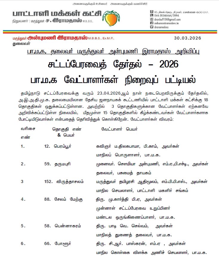 itzproudloser's tweet image. PMK has announced its candidates for upcoming assembly poll 2026! 

#PMK #Anbumani #Mango