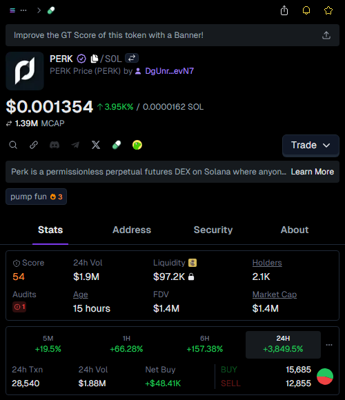 xvic_kn's tweet image. Caught $PERK pre-pump like a true degen 🚀
Entry: $15.3k  
Current: $1.4M  
Profit: 94.2X 💰
  
Remember: “The trend is your friend” – ride it while it’s hot! 🔥
  
Who’s next to catch the wave? 🌊 #Crypto #TraderLife #LFG

👉 #PERK called at: t.me/pumphyper/3140…
📈 Chart:
