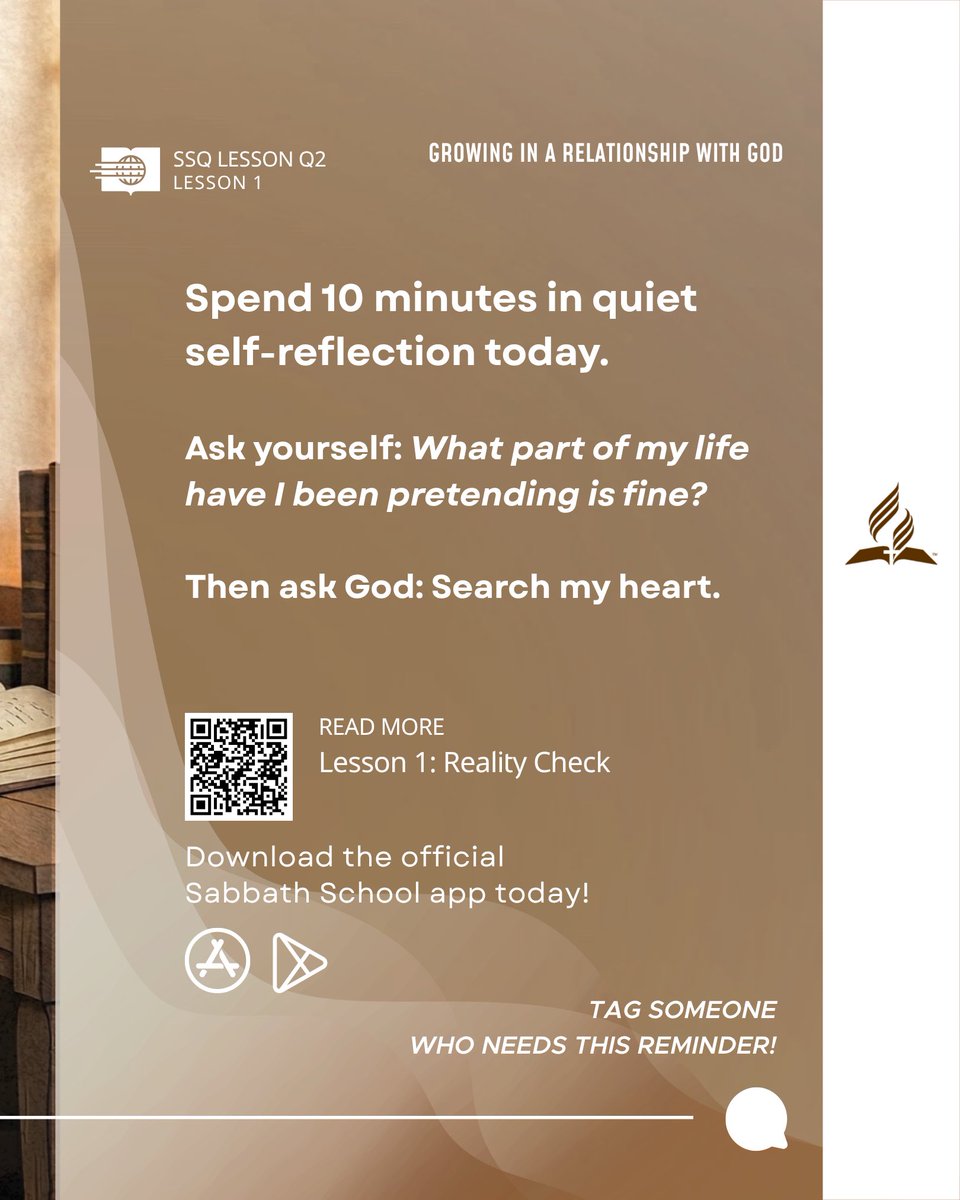 adventistasia's tweet image. You can’t heal what you keep hiding.

We say “I’m fine” even when we’re falling apart. But Jesus already knows the struggle and still invites us closer.

Read Lesson 1: Reality Check. 
sabbath-school.adventech.io/en/2026-02/01/…

#SabbathSchool #RealityCheck
