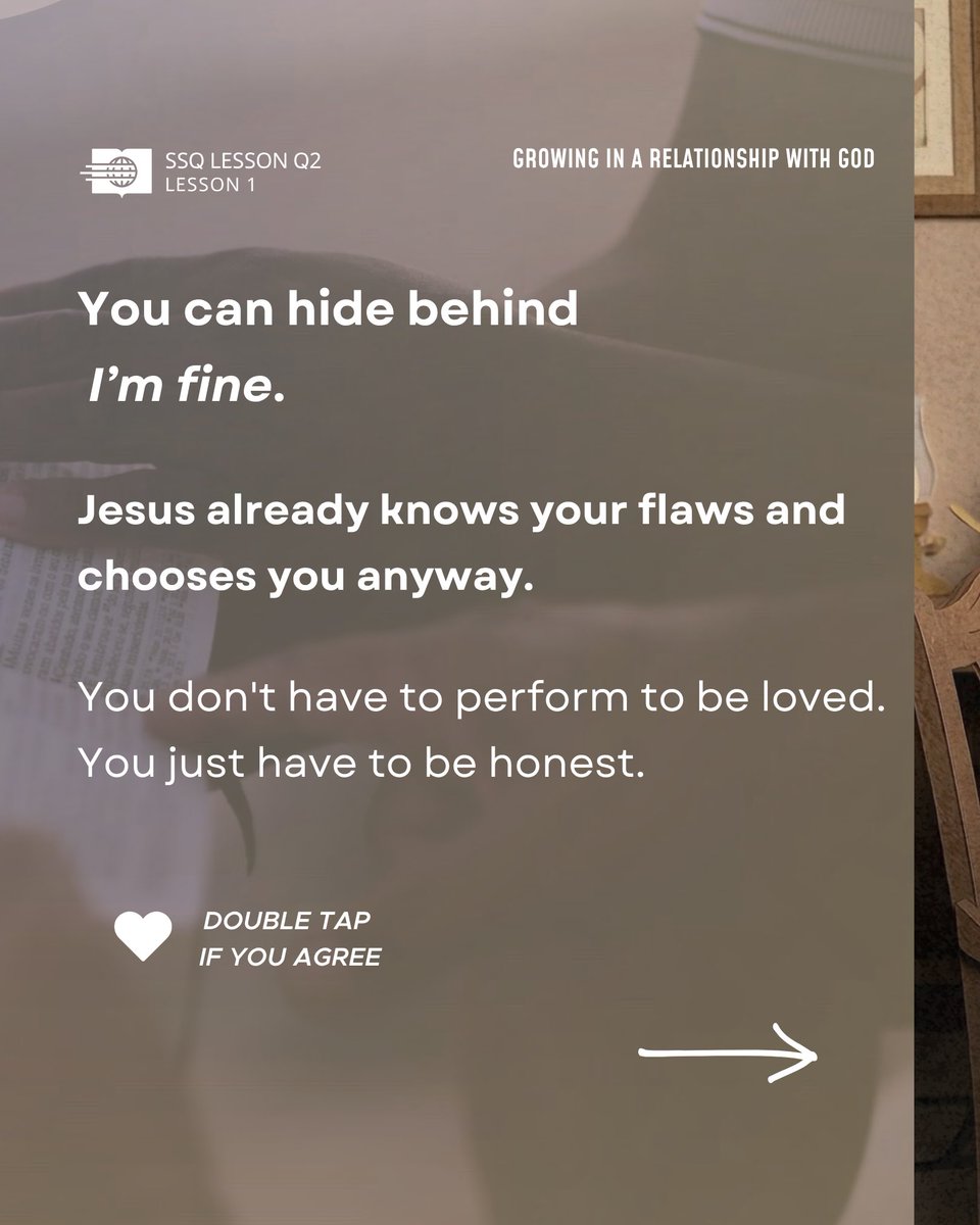 adventistasia's tweet image. You can’t heal what you keep hiding.

We say “I’m fine” even when we’re falling apart. But Jesus already knows the struggle and still invites us closer.

Read Lesson 1: Reality Check. 
sabbath-school.adventech.io/en/2026-02/01/…

#SabbathSchool #RealityCheck