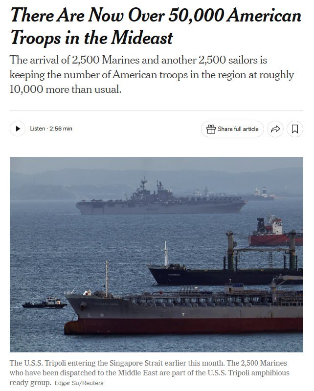 Iran's tweet photo. Over 50,000 US troops are now in the Middle East—about 10,000 more than usual—after 2,500 Marines and 2,500 sailors were deployed. - NYT https://t.co/QgGNpU0e6k