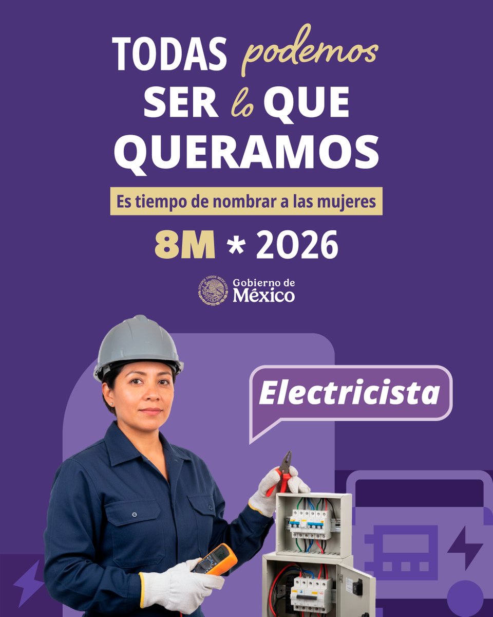 FinabienMex's tweet image. Todas podemos ser lo que queramos. 💜

🟣 ElectricistA #ConA: es quien trabaja con precisión, conocimiento y responsabilidad; quien instala, mantiene y da vida a la energía que mueve nuestro día a día, demostrando que la técnica también se escribe en femenino. ⚡🔧

En México, es