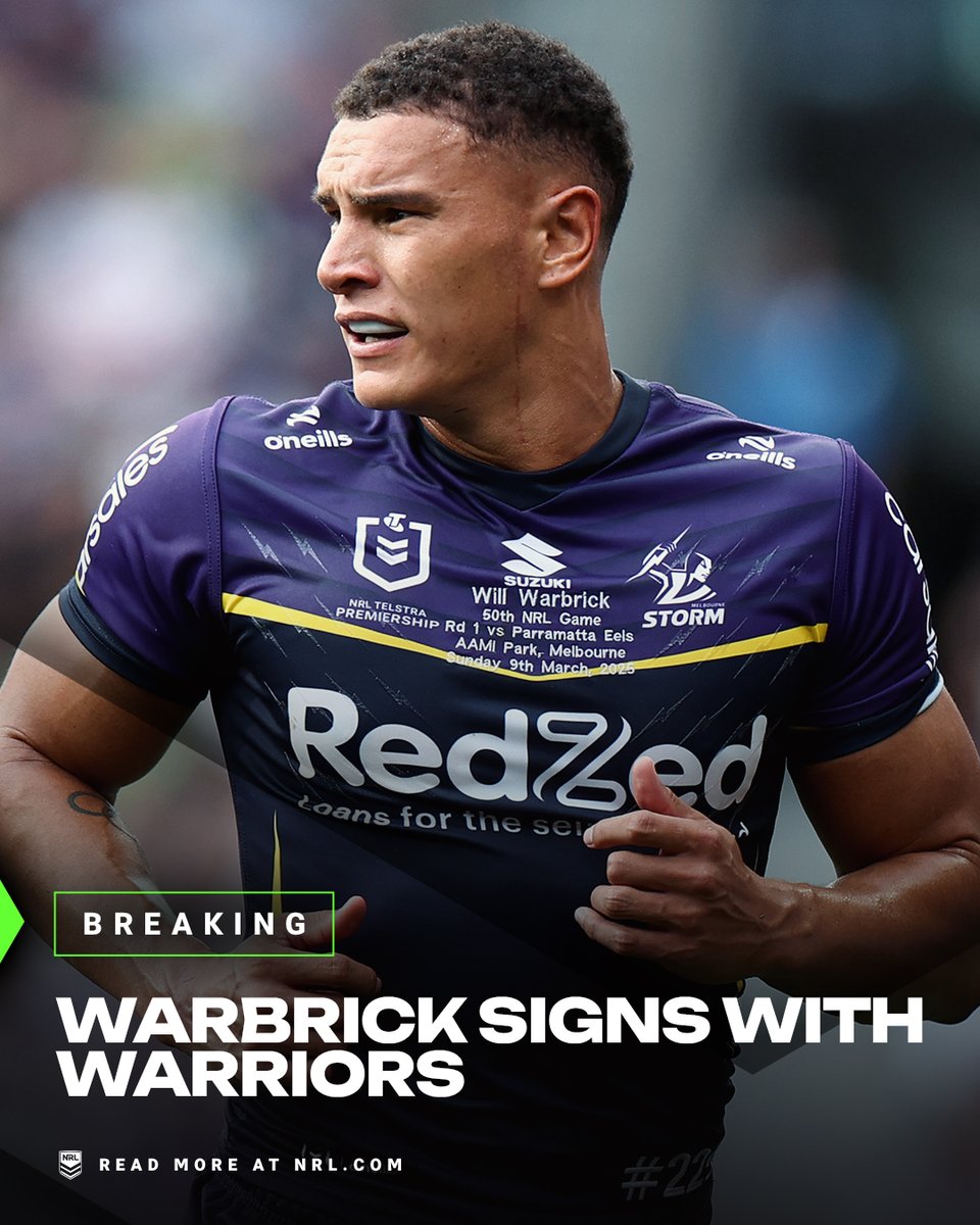 NRL's tweet photo. Melbourne Storm winger Will Warbrick has confirmed he will be leaving the Storm at the end of the 2026 season. 
Warbrick will join the New Zealand Warriors on a three-year deal from next season following official confirmation of his signing today. https://t.co/GjDin5GfQB
