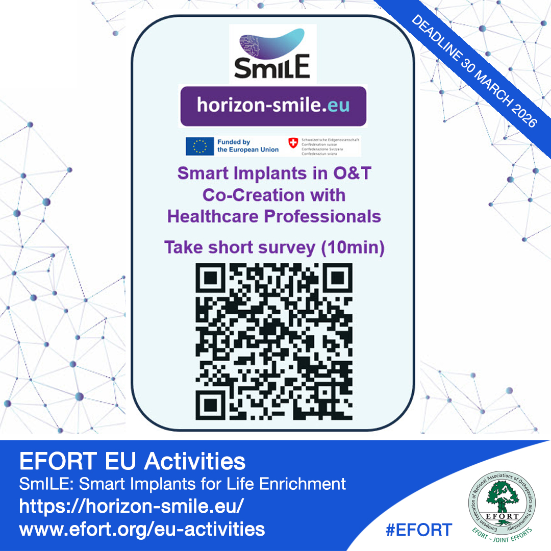 EFORTnet's tweet image. 👋 Don't miss out! 👩‍⚕️ 👨‍⚕️ Work in #MSK care? Your feedback is crucial for our #HorizonEurope research 🇪🇺

🖥️ Take 20 mins to shape the future of O&amp;amp;T #MedTech 👉 Deadline 30MAR26

🔗 horizon-smile.eu
🔗 bit.ly/SmILEsurvey

#SmILEProject #FutureOfMedicine #EFORTeuAffairs