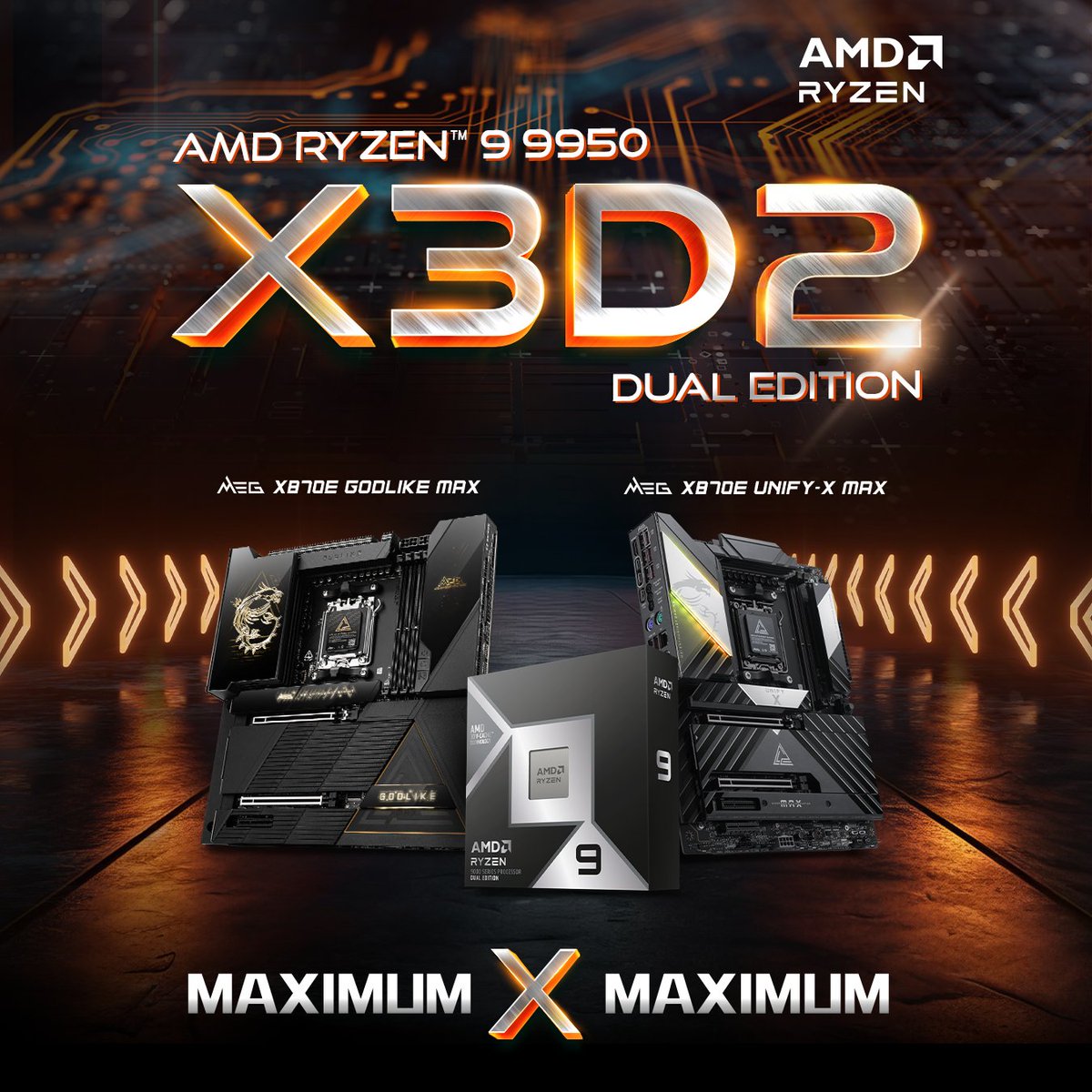 AustraliaMSI's tweet image. The new AMD CPU Ryzen 9 9950X3D2 Dual Edition Processor meets MEG X870E GODLIKE MAX &amp;amp; MEG X870E UNIFY-X MAX motherboard to unleash maximum performance.

No limits. No compromise.🔥

Learn more in bio

@AMD_AUNZ 

#GODLIKE #MEGX870E #AMDRyzen #Ryzen9950X3D2 #Motherboard #MSI