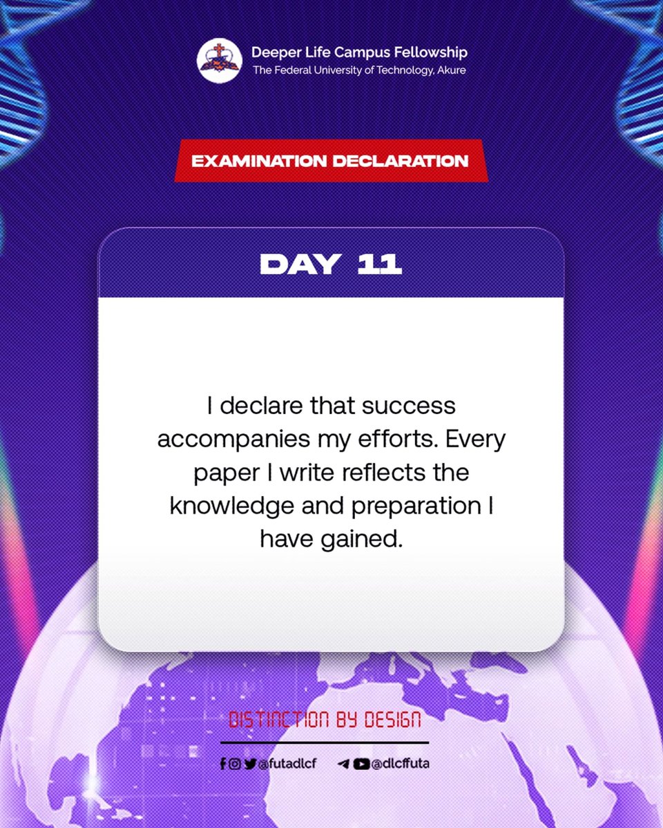 FutaDlcf's tweet photo. Examination Declaration || Day 11βοΈ
I declare that every paper I write reflects the knowledge and preparation I have gained. SUCCESS ACCOMPANIES MY RESULTS π.
π I can do all things through Christ which strengtheneth me. - Philippians 4:13
#distinctionbydesign #iwrite5dot https://t.co/0HqvJrcPUB