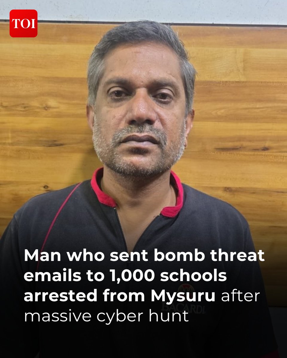 timesofindia's tweet image. #Delhi Police arrested a 47-year-old unemployed man from #Mysuru for allegedly sending hoax bomb threat emails to hundreds of institutions across India. 

Read to know more 🔗  toi.in/nAsYiZ