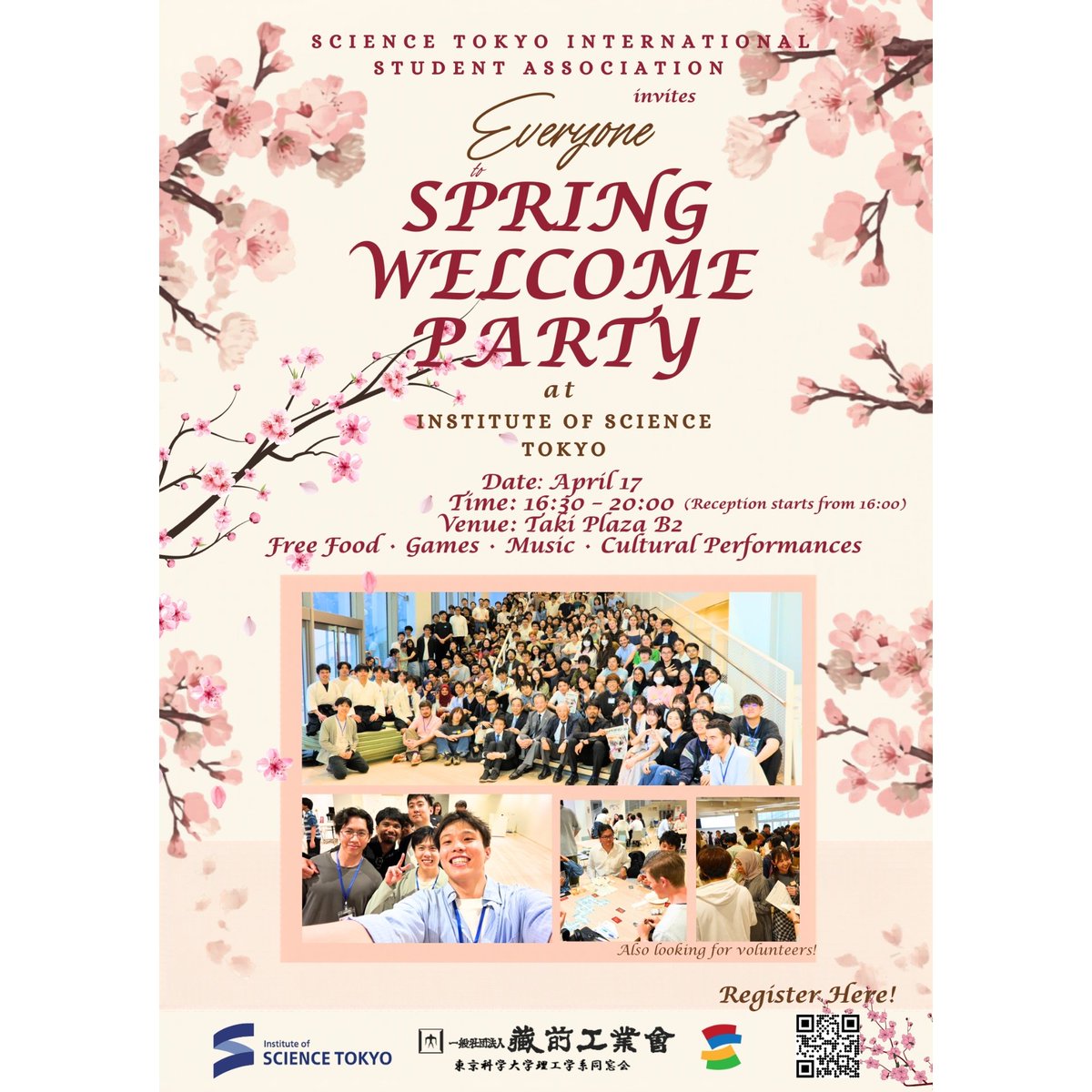 stisa_scitokyo's tweet photo. S-TISA Spring Welcome Party 2026 is here! 🌸
Join us for a fun evening with music, games, food & new connections ✨ Experience vibrant student life at Science Tokyo!
📅 April 17 | ⏰ 16:30–20:00
📍 Taki Plaza B2
Register by scanning the code
#STISA #SpringParty #ScienceTokyo https://t.co/4VqkHnnk2v