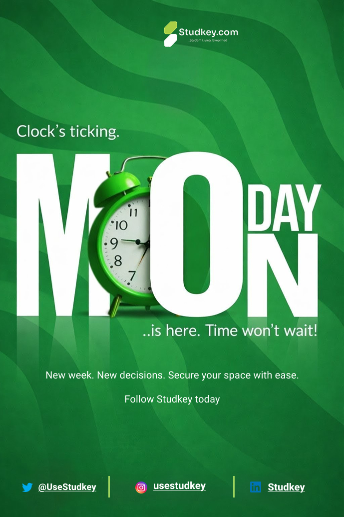 UseStudkey's tweet photo. 💚 Clock’s ticking… Monday is here!

A new week means new goals, new opportunities and better decisions.

Don’t let stress about accommodation slow you down.
 With Studkey, finding the right student space is simple, fast, and reliable. 🏡✨ https://t.co/lQJlTC6k6r