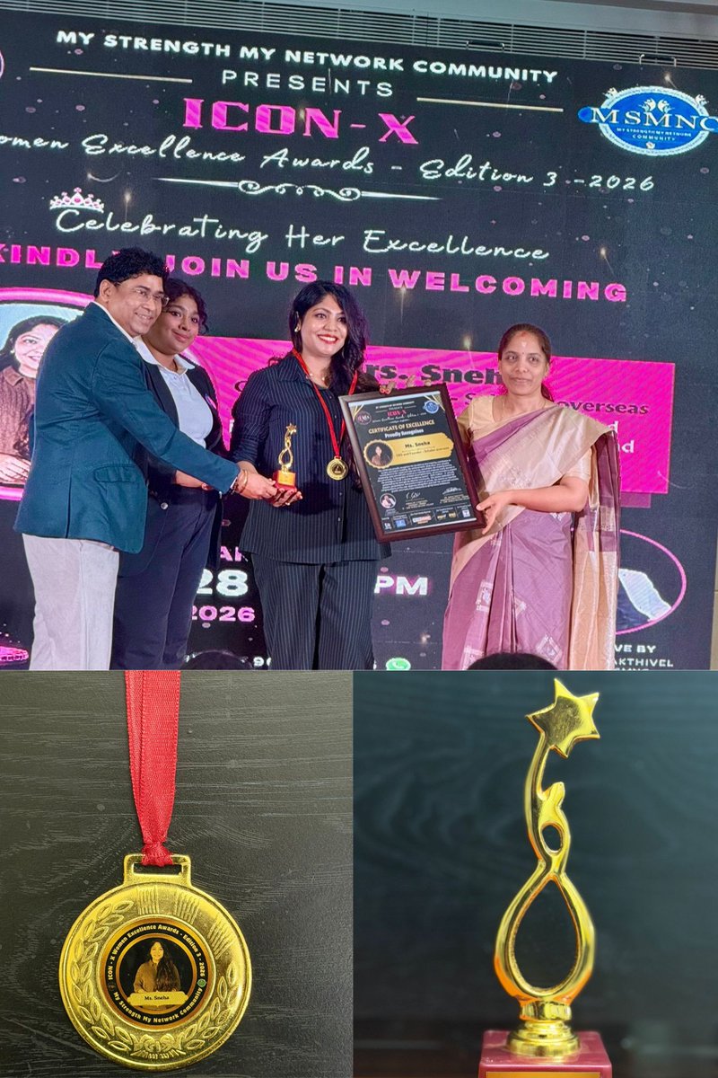 scholaroverseas's tweet photo. A well-deserved recognition for a leader who turns vision into impact.
Congratulations, Ms. Sneha, CEO of @scholaroverseas on the ICON-X Women Excellence Awards 2026 โ a true reflection of strength, leadership, and purpose.
#ProudMoment #OurCEO #WomenLeadership #ICONX2026 https://t.co/3jj63EQGif