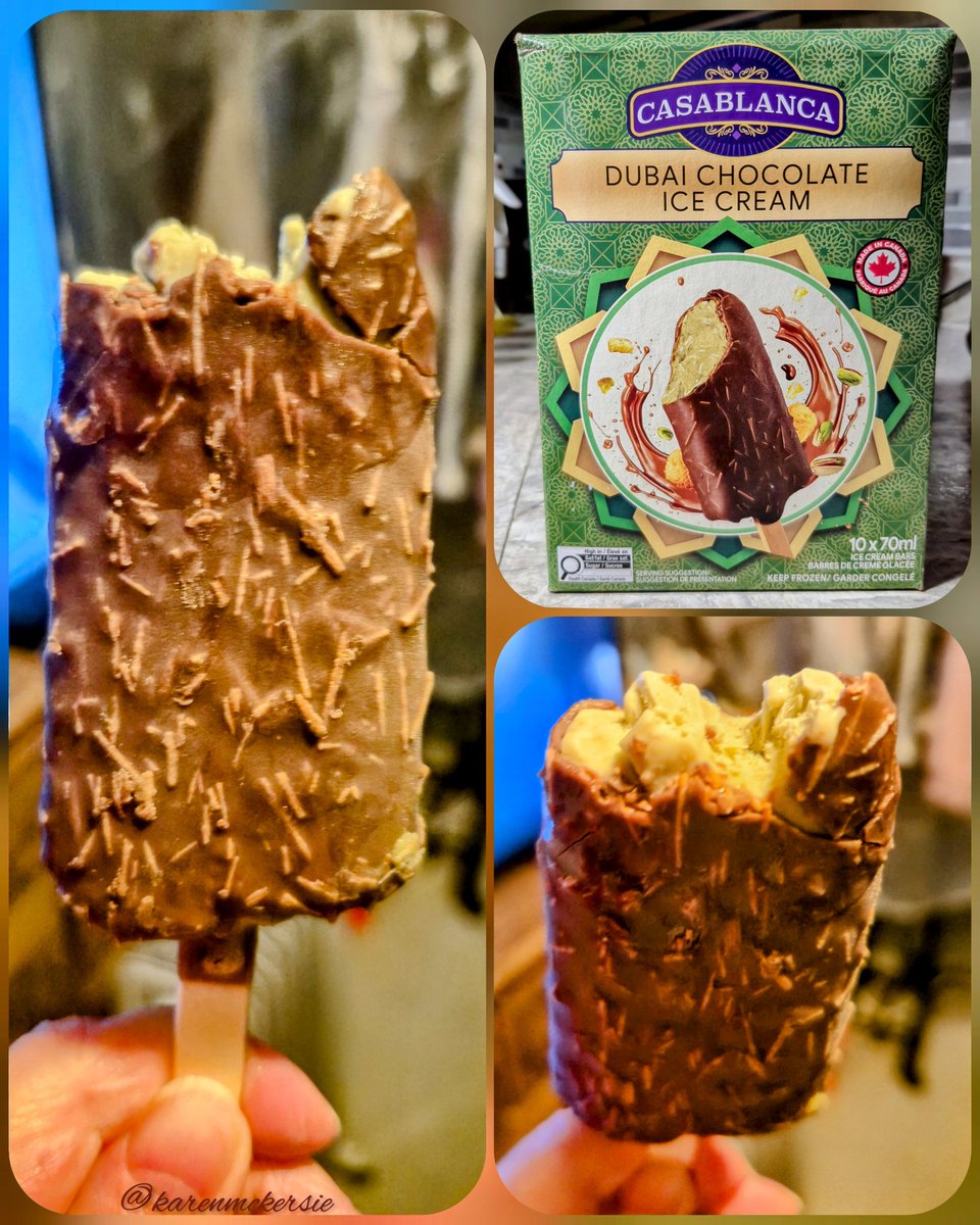 karenmckersie's tweet image. 😋 Made in Canada, available at #Costco these Dubai Chocolate icecream bars ( Rich dark chocolate, pistachio cream &amp;amp; crunchy kataifi.) Very popular on social media as a "Must Try" we decided to try them, they are so creamy &amp;amp; delicious!
#icecreambars #Pistachio #ViralTrend #Dubai