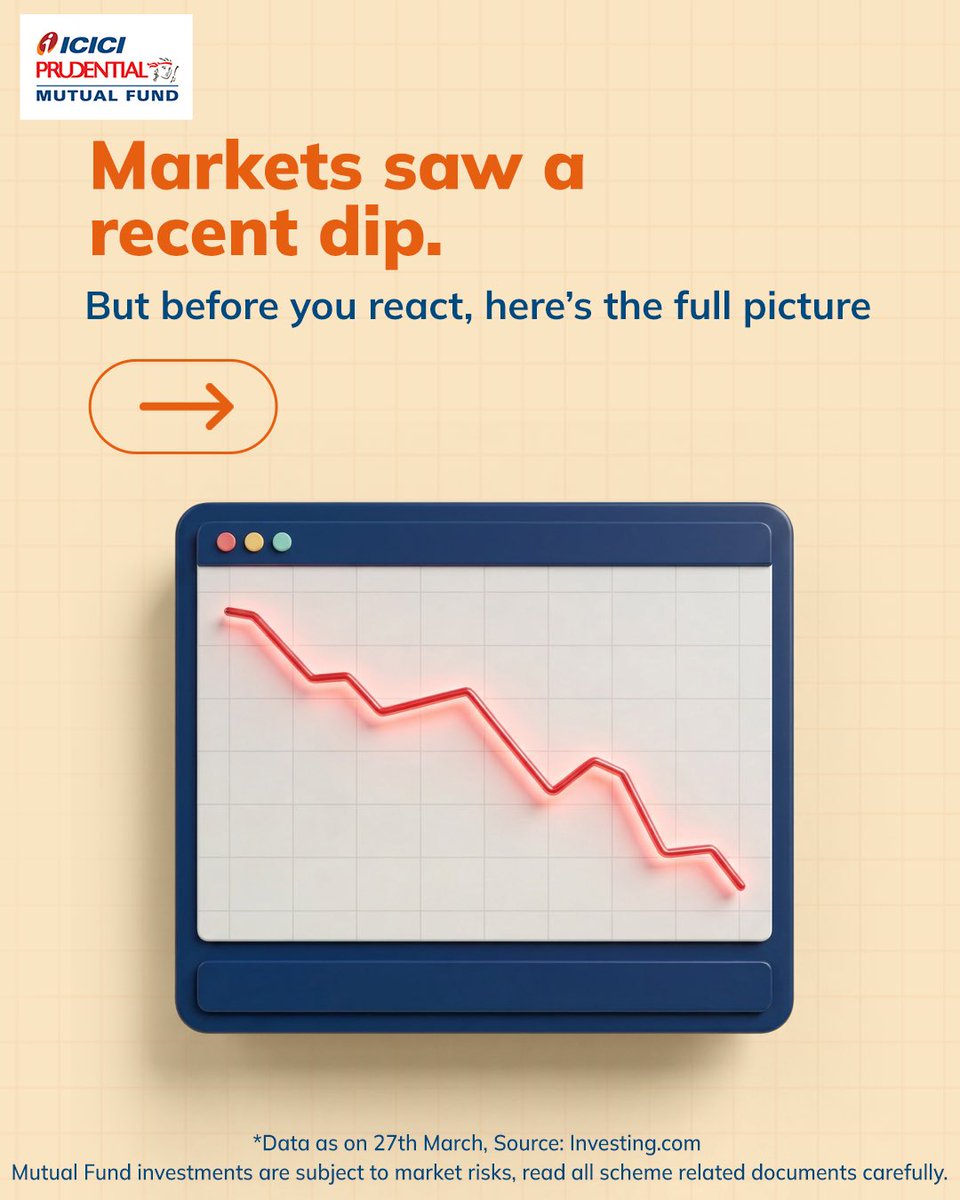 ICICIPruMF's tweet image. Short-term dips can feel loud, but long-term goals matter more.
Don’t panic over today’s fall; focus on tomorrow. Stay invested in the journey, not just the numbers.

#StockMarketIndia #MarketUpdates #LongTermInvesting #MarketFall #ICICIPrudentialMutualFund